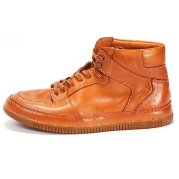 Retro Handmade Genuine Cow Leather High Top Boots Men Washed Fashion Round Toe Work Casual Sport Flat Ankle Boots Male Shoes