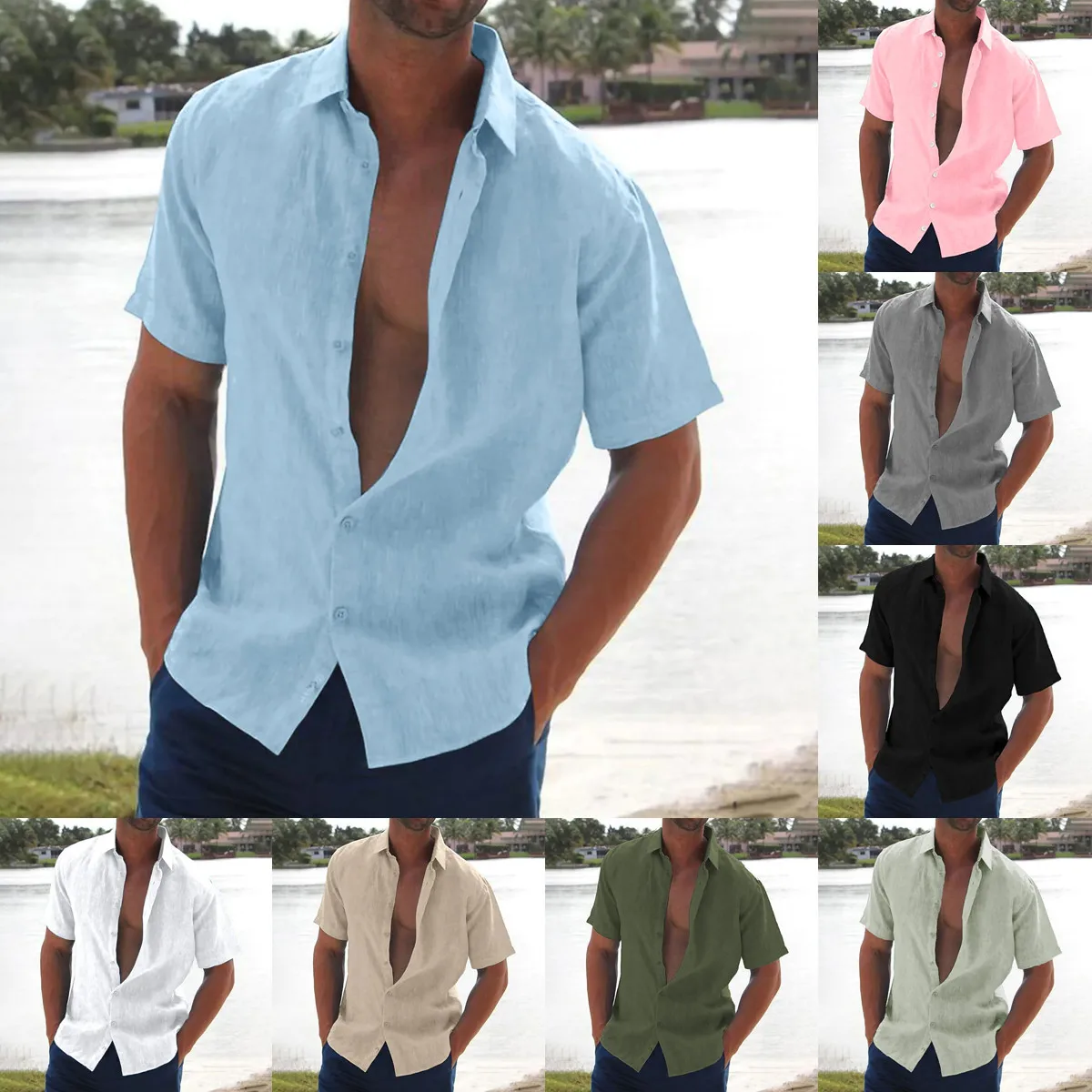 

Hot Sale New Men's Summer Cotton Linen Short-Sleeved Shirts Solid Color turn-down Collar Casual Tops Hawaiian chemise