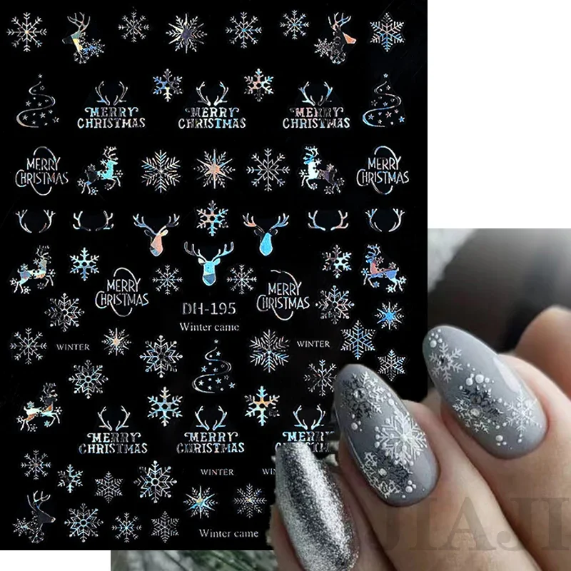 

Серебряные бронзовые 3D Рождественские украшения для ногтей, наклейки, сверкающие белые красочные блестки, геометрия, снежинка, зимний слайдер, фольга