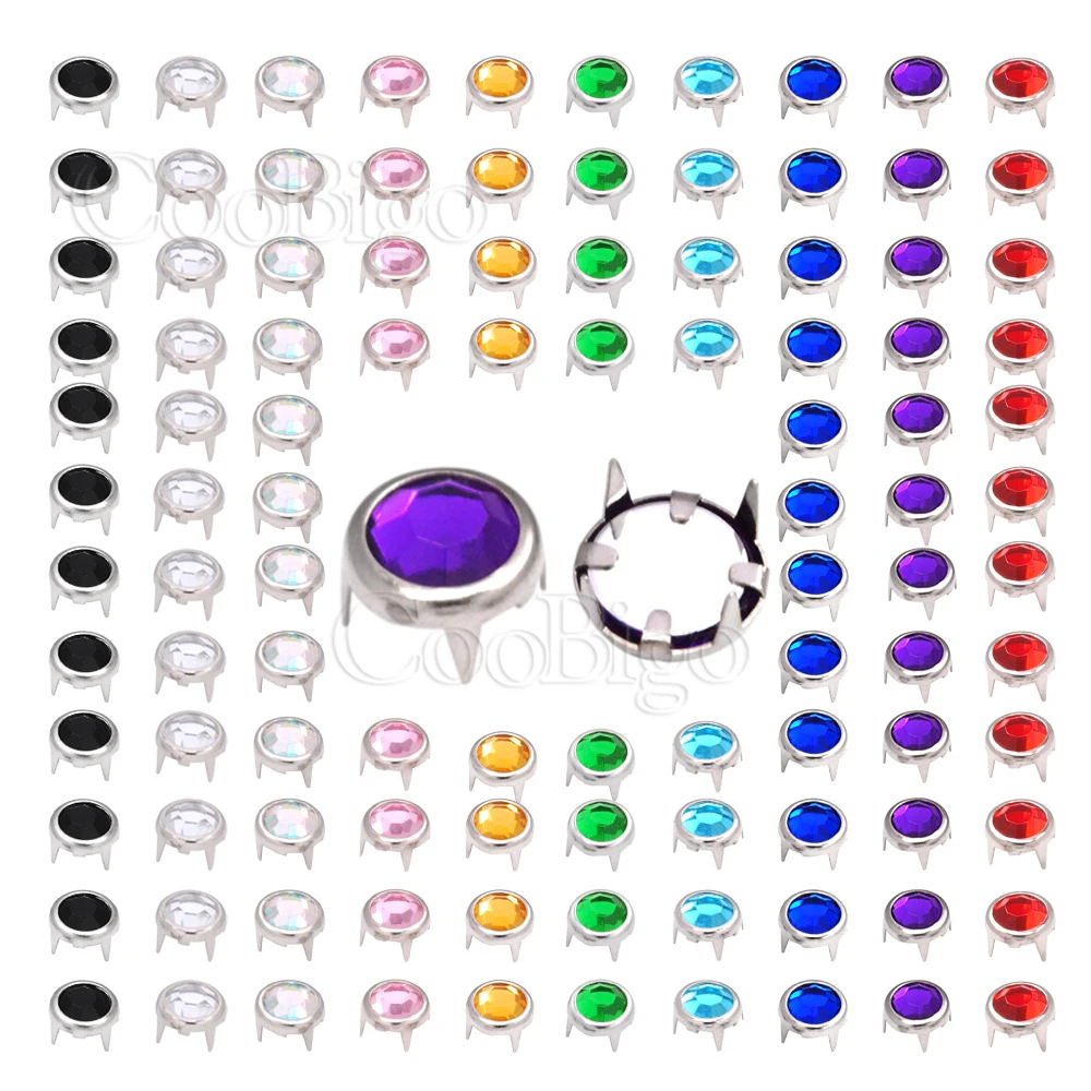 6mm Rhinestone Rivet Clawed Crystal Studs Nailheads Spike Round Inlay Garment Bags Shoes DIY Leather Craft Accessories 100pcs