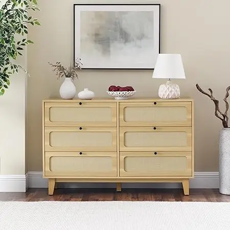 Rattan Dresser for Bedroom with 6 Drawers,Modern Organizer Closet Chest of Drawers,Rattan Storage Dresser for Closet, Bedroom