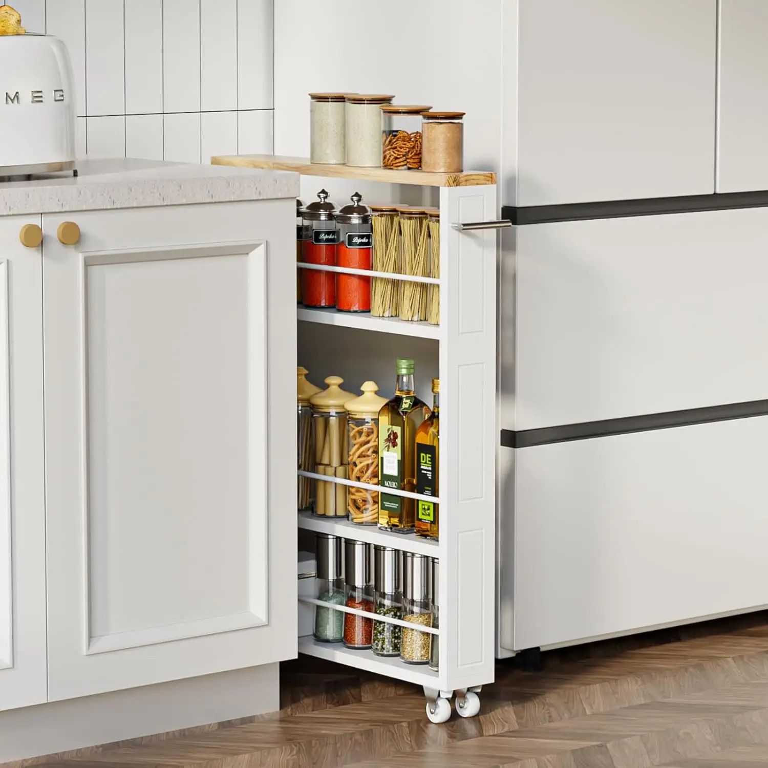 KLM 4 Tier White Slim Storage Cart with Handle, Slide Out Storage Rolling Utility Cart for Kitchen, Laundry, Narrow Places 5
