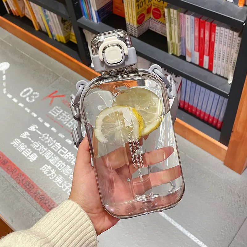 Summer Beautiful Plastic Water Bottle Cup for Girls BPA FREE Cute Sport Transparent Flat Square Travel Cup Bottle with Strap - Summer must-haves