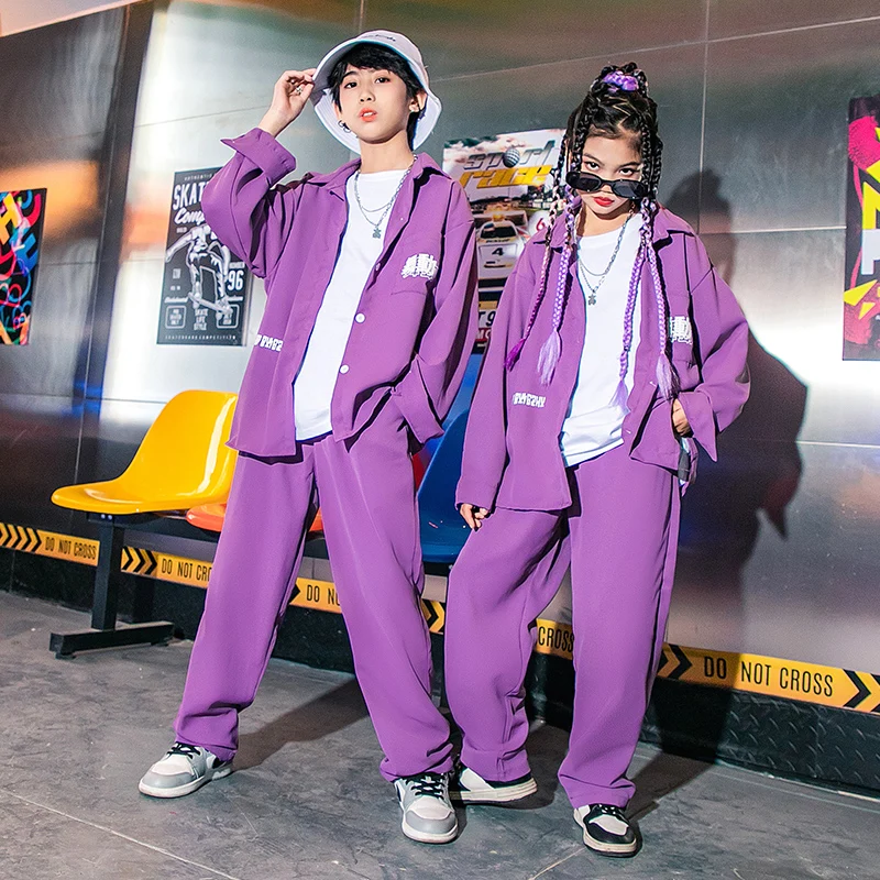 

Kids Ballroom Hip Hop Clothing Purple Shirt Tops Street Wear Pants For Girls Boys Jazz Dance Costume Clothes Teenage Outfits Set