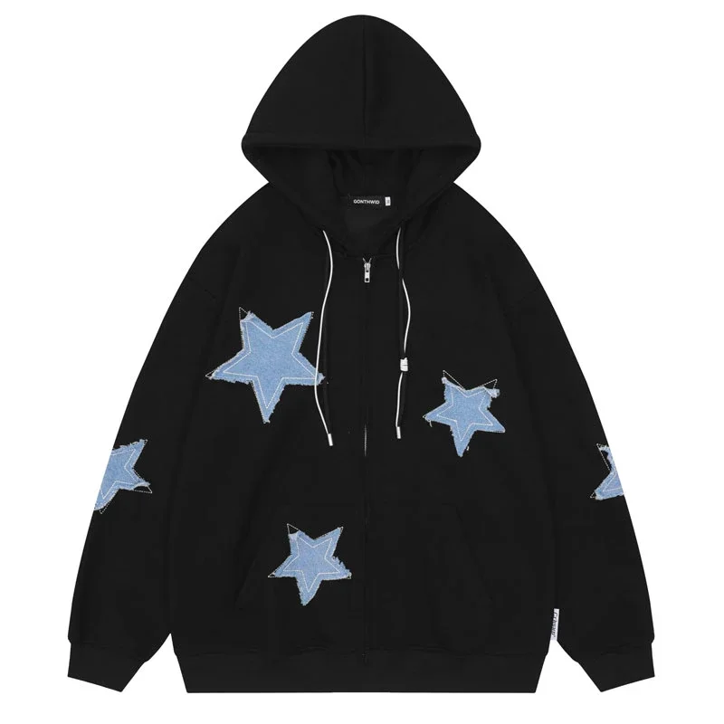 

Hip Hop Hoodie Sweatshirt Jacket Y2K Streetwear Vintage Retro Star Patch Zip Up Streetwear Coat Men Harajuku Casual Loose Trend