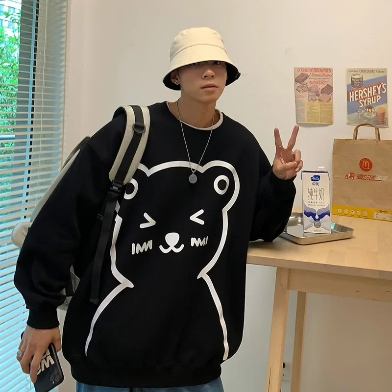 Fashion Cartoon Bear Couple Clothing Sweatshirts Harajuku Design Personalized Pullovers New Autumn Winter Loose O-Neck Warm Tops