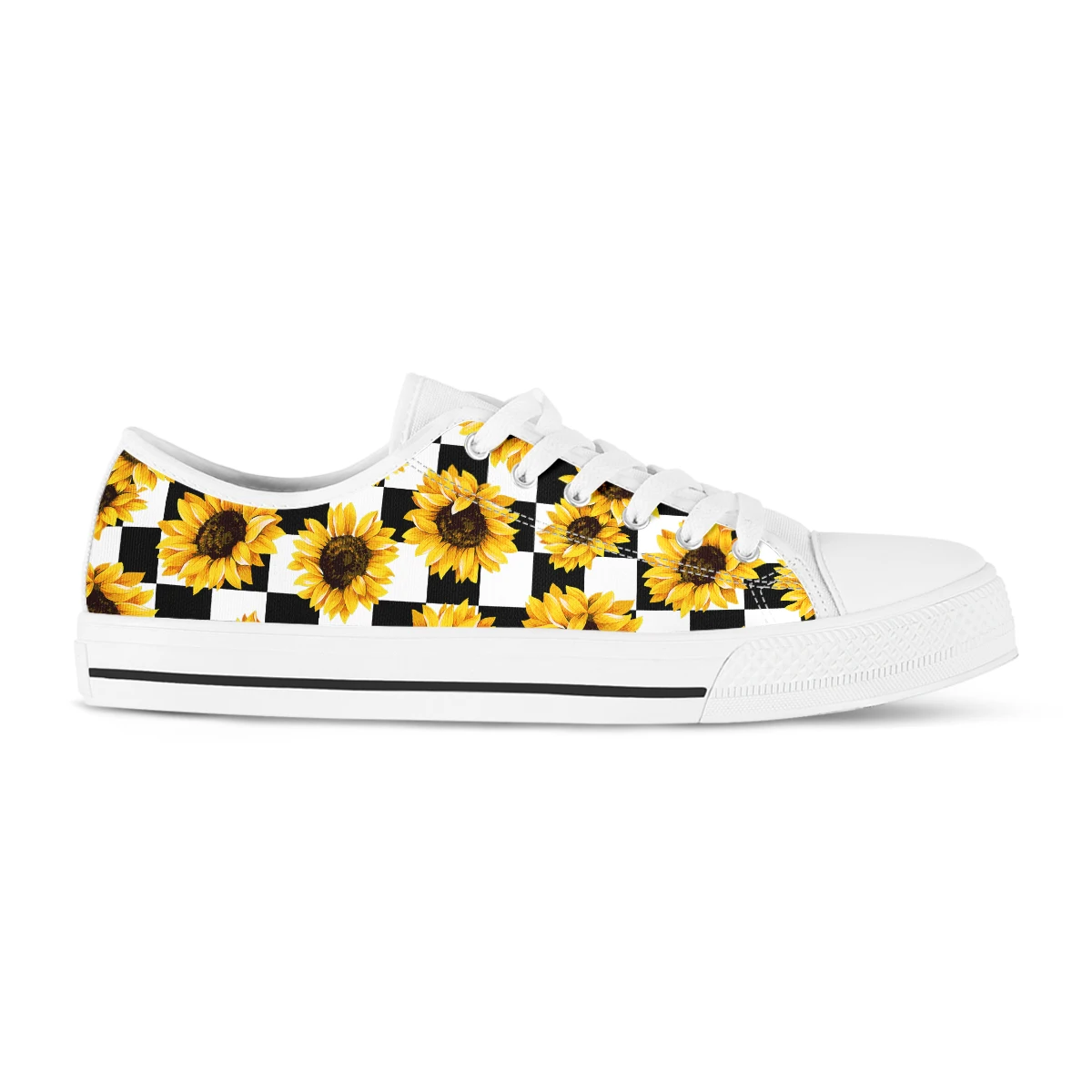 Women's Black White Checkboard Sunflower Canvas Shoes Low Top Flat Canvas Shoes Student Daily Sneakers Vulcanized Shoes