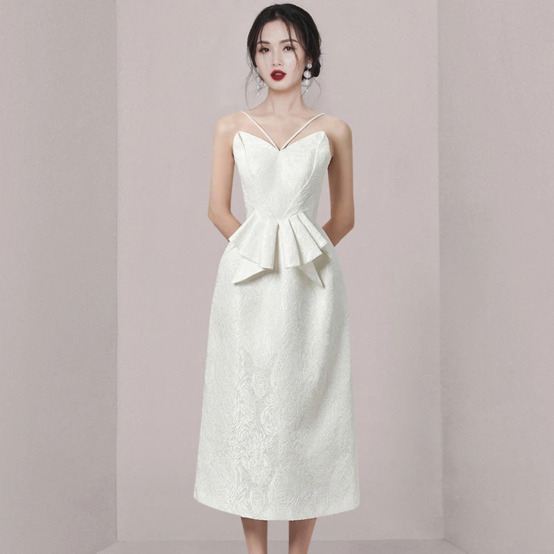 

High Quality Summer White Jacquard Dress Elegant Women Spaghetti Strap Ruffles Sexy Backless Slim Waist Party Long Dresses New