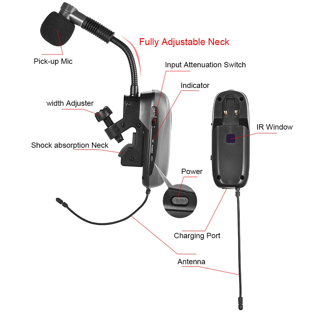 Baomic BM-12/V2 Professional UHF Wireless Instrument Microphone System Receiver & Transmitter 16 Channels for Sax Saxophone