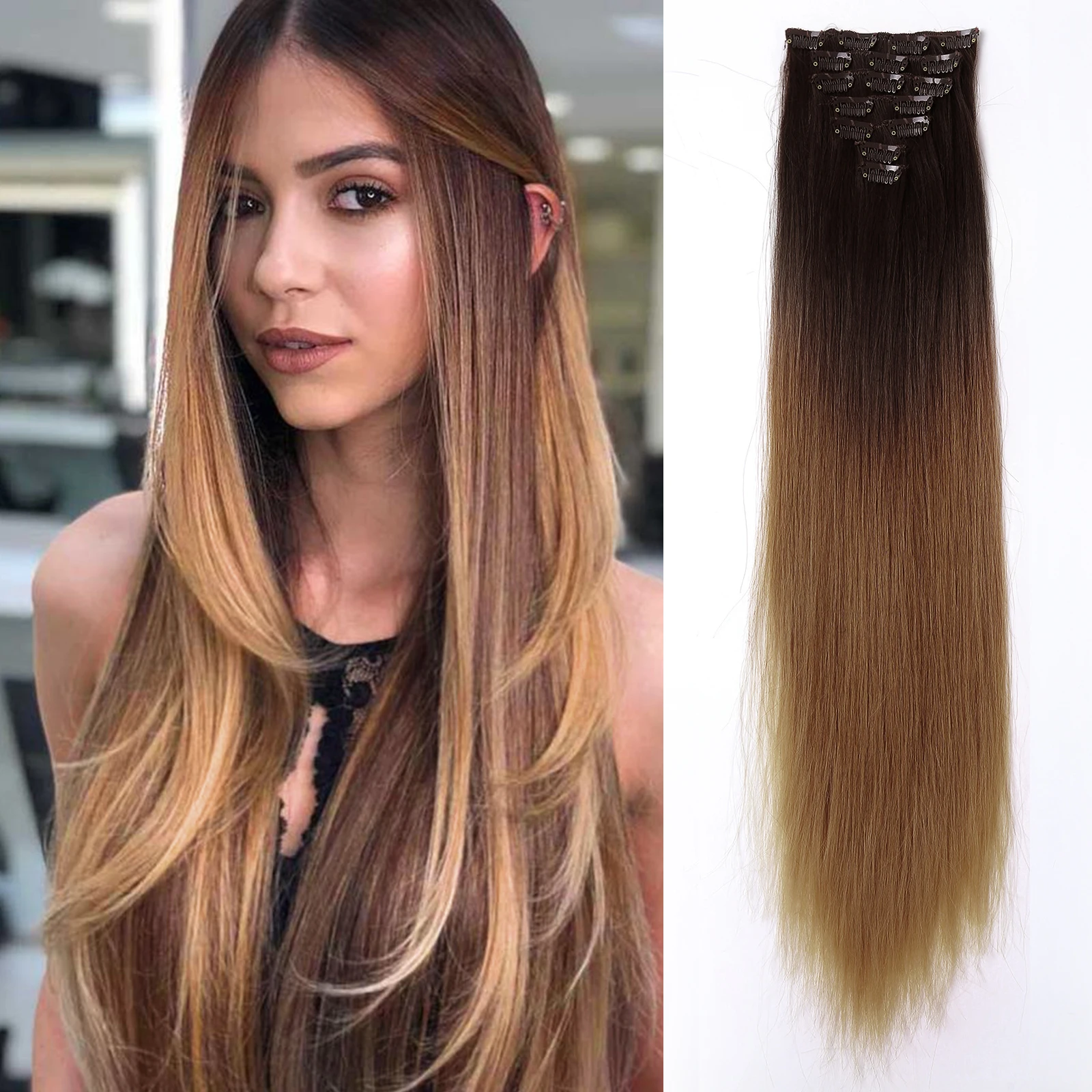 HAIRCUBE Long Straight Hair Extension with Clips 7Pcs/Set 24inch Black Brown Ombre Synthetic Female Hairpiece Heat Resistant