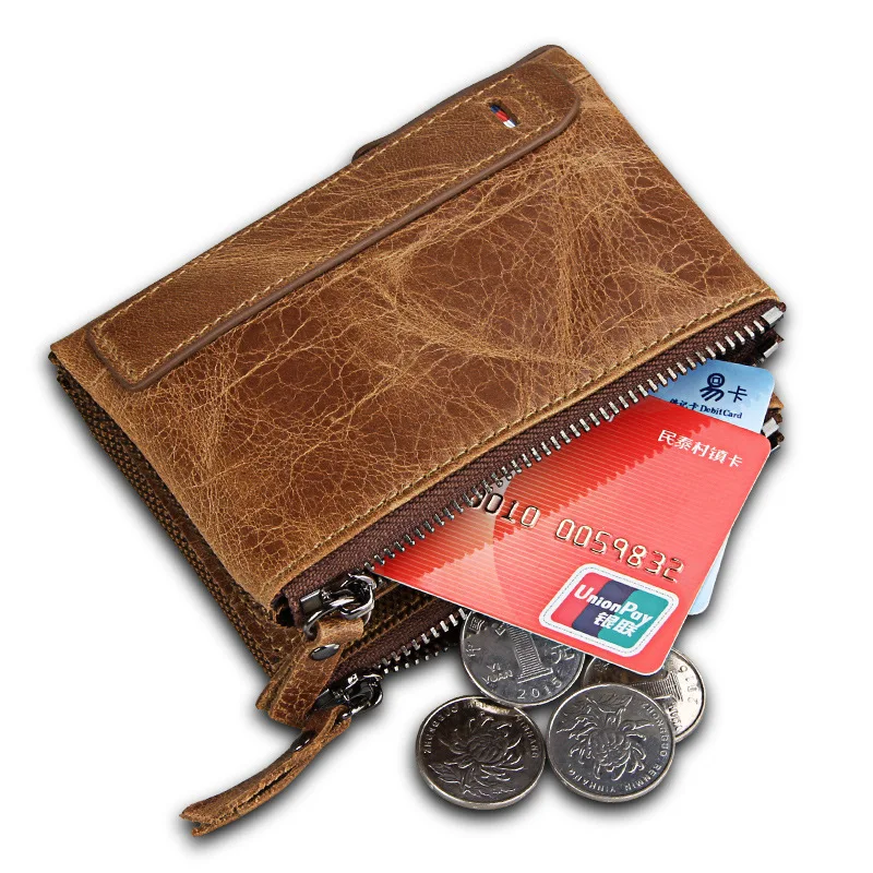 Wallet for Men Luxury  Leather Cow Man  Crazy Horse Cowhide Men's Wallet RFID Anti-theft Brush Short Double Zipper Coin Purse