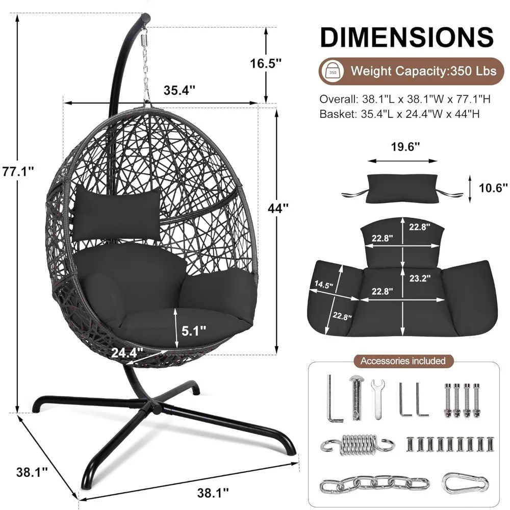 Swing Egg Chair Bird Cage Bird Nest Chair with Stand Comfortable Cushion Outdoor Rattan with Sturdy Metal Frame UV-Resistant 3