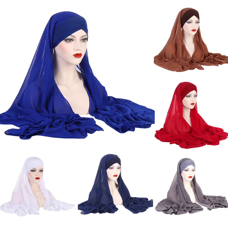 

2 In 1 Chiffon Turban Headscarf Muslim Women Long Hijab Breathable Solid Color Vei Hijabs