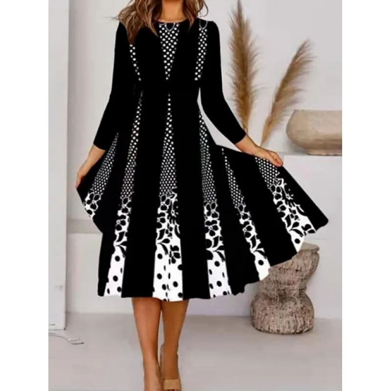 

2023 Autumn New Printed Dresses For Women Long Sleeves O Neck Vintage A-line Dress Fashion Vacation Casual Loose Ladies Vestidos