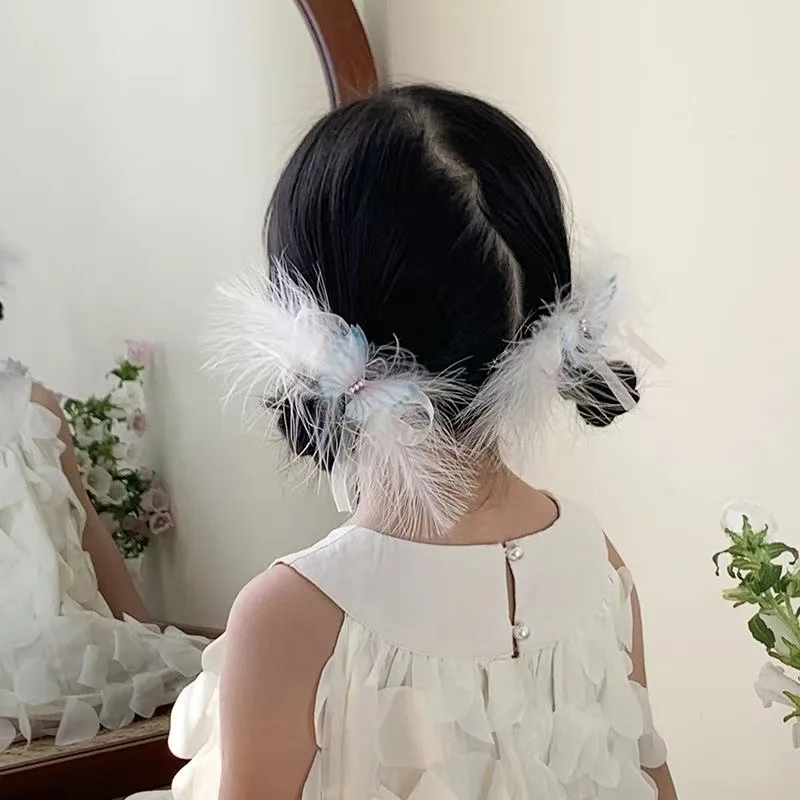 2Pcs 흰색 깃털 나비 헤어 클립 공주 소녀 머리핀 어린이 포니 테일 바레트 요정 머리 장식 어린이 헤어 액세서리