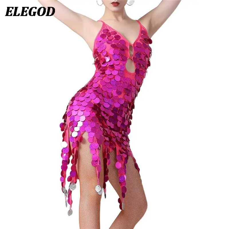 Women Sequins Coins Latin Dance Dress Ladies Girls Shiny Tassel Salsa Tango Cha Cha Rumba Samba Practice Training Costumes Set dance dress