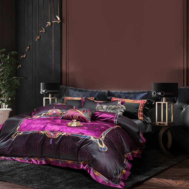 Luxury 800TC Brocade Jacquard  Black Purple Patchwork Embroidery Bedding Set Quilt Cover Bed Sheet Or Bedspread Pillow Shams 2