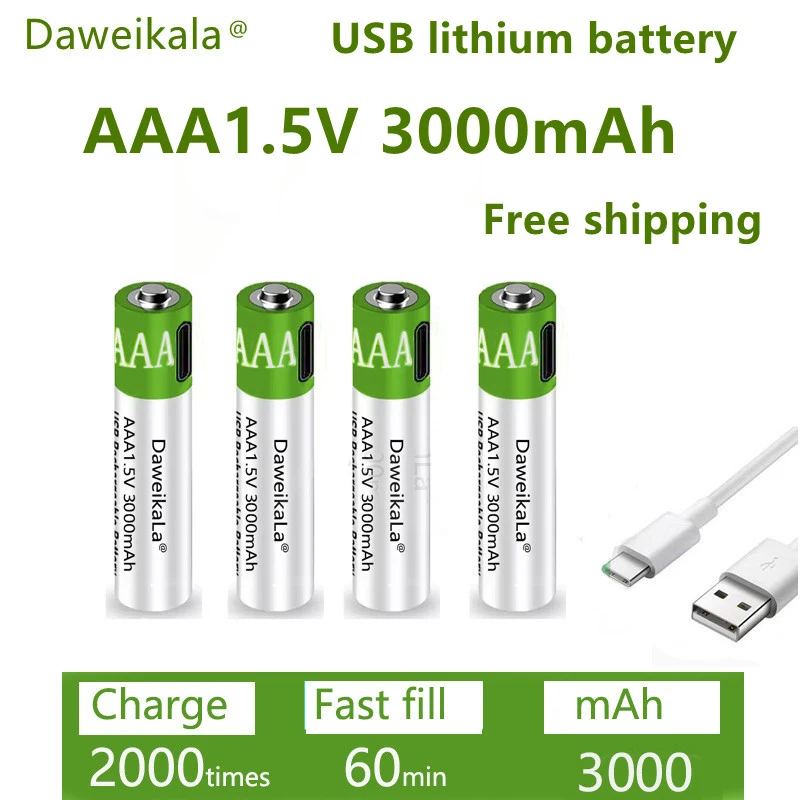 Batterie Ricaricabili Daweikalausb Aaa 1.5V 3000 Mah Batteria Agli Ioni Di Litio Per Telecomando Batteria Giocattolo Elettrica Mouseelectric + Cavo Di