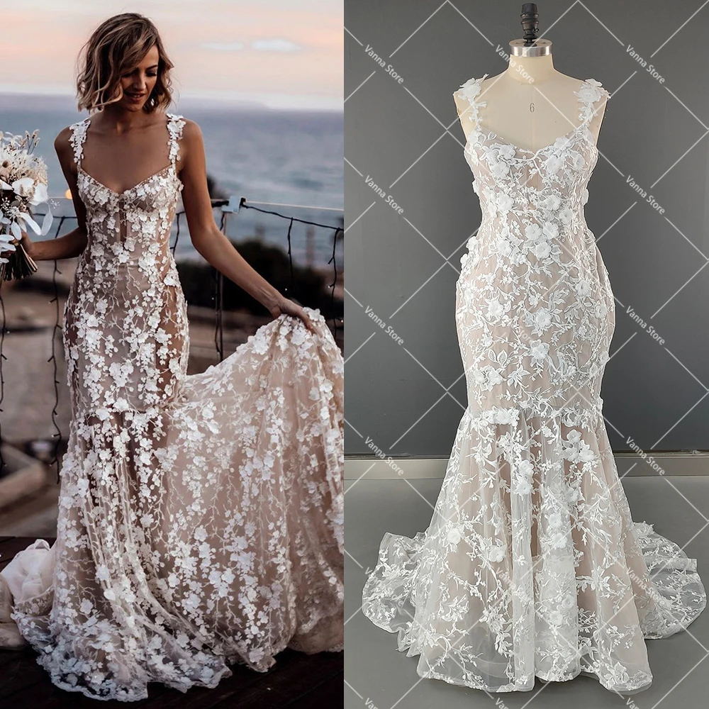 

Luxury 3D Appliques Transparent Wedding Dress V Neck Backless Lace Custom Made Sheath Plus Size Embroidered Floral Bridal Gowns