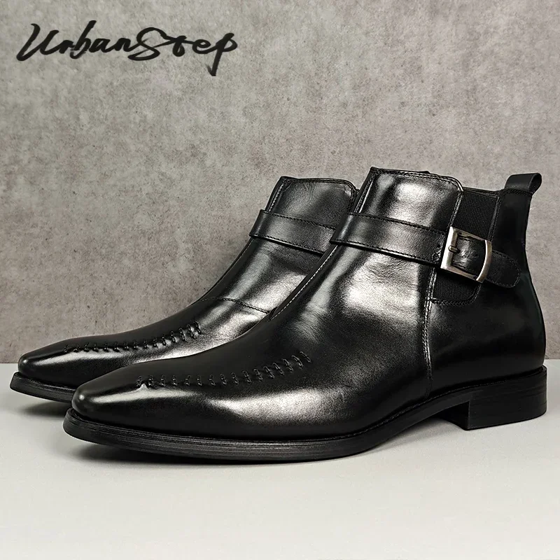 LUXURY MENS ANKLE BOOTS SHOES BLACK BUCKLE STRAP GENUINE LEATHER SLIP ON CHELSEA BOOTS CASUAL DRESS MAN SHOES LEATHER MEN