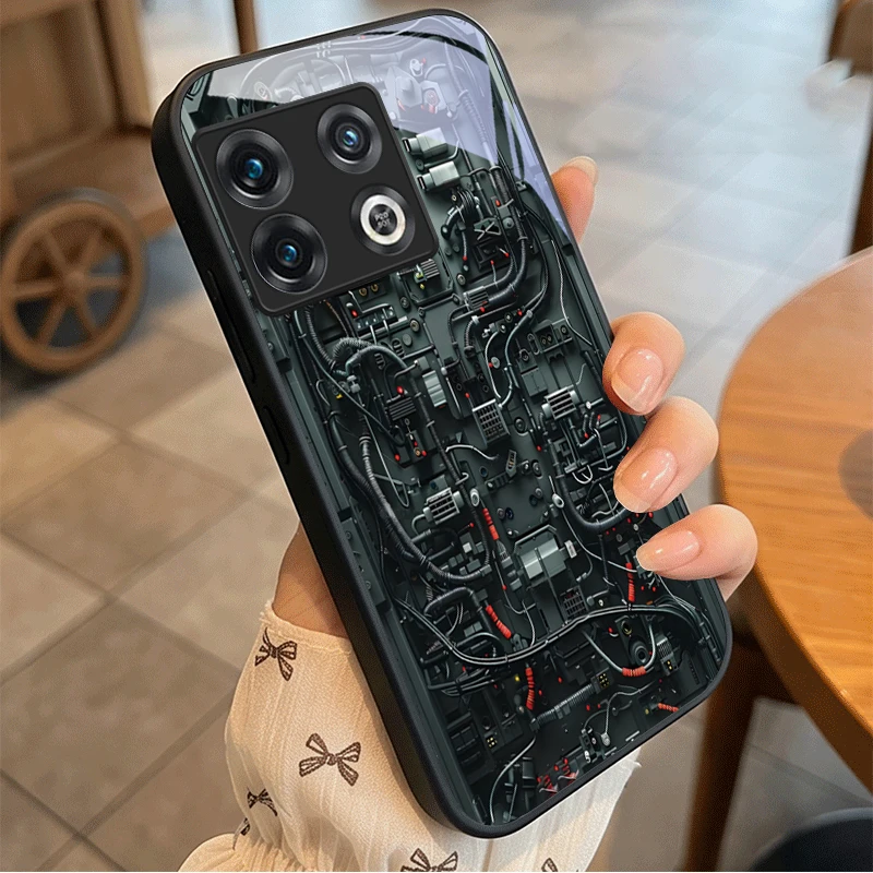 Elegant Black Glass Phone Case with Circuit Neural Network Design