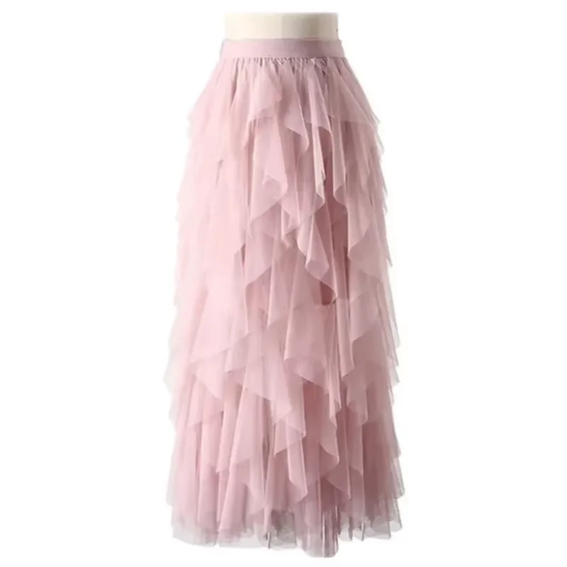 Women's High Waist Tulle Mesh Irregular Tutu Skirt Elastic A-Line Gauze Skirt Pleated Long Hi Spring Summer New 2