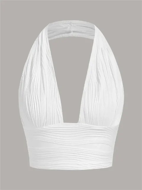 Solid White Backless Crop Halter Top Women Summer Y2K Club Grunge Clothes Deep V-neck Backless Sleeveless Tank Top Streetwear