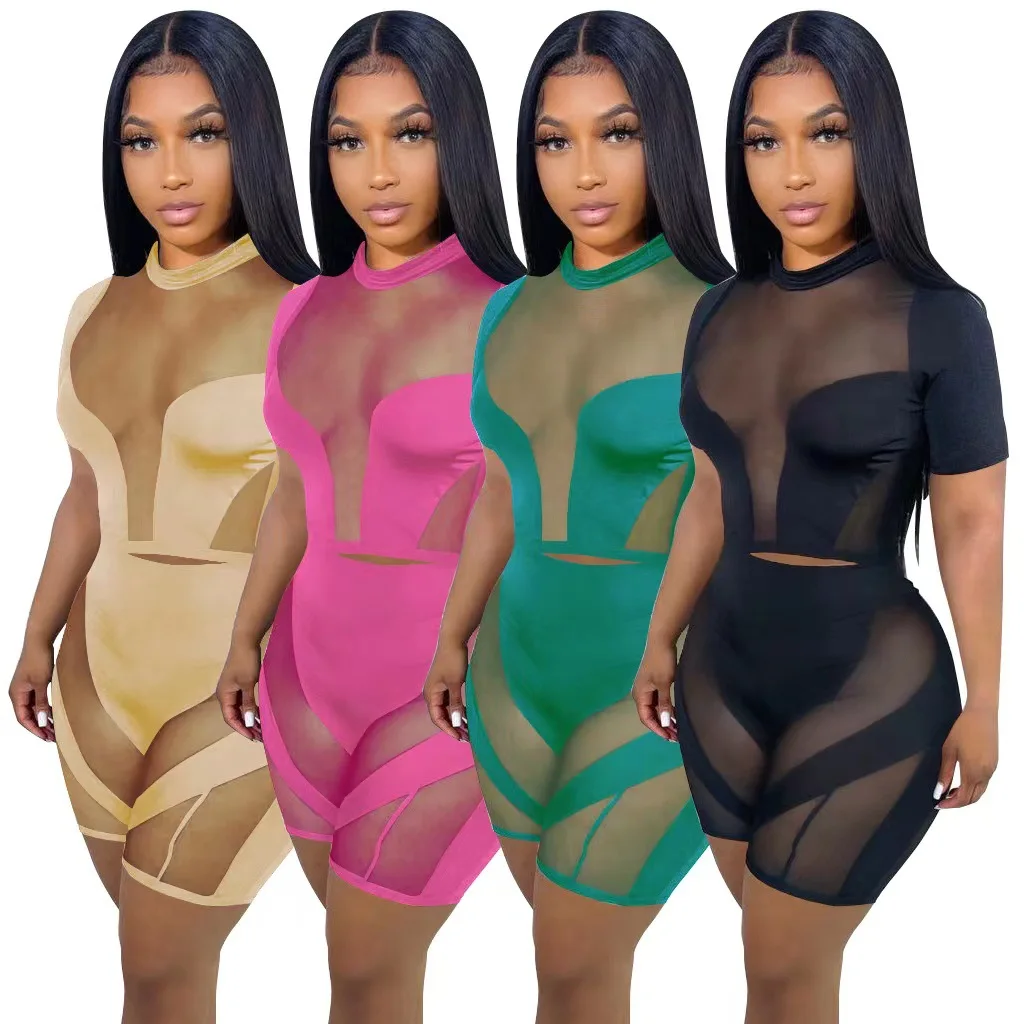 

Short Sleeve Mesh Patchwork Women Fashion Short Bodycon Mini Dress