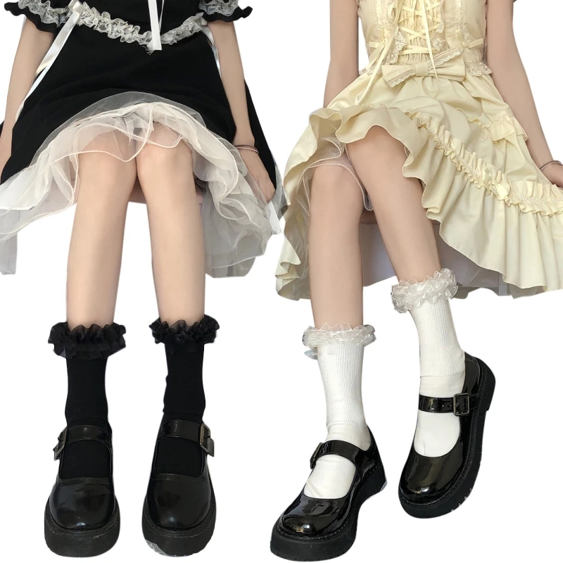 Women Cotton Ribbed Socks Sweet Layered Ruffle Lace Trim Hosiery