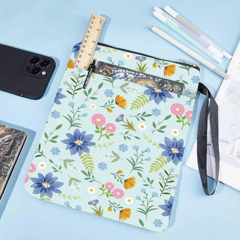 1pc Book Sleeve for Book Lovers Zipper Blue Floral Books Pouch Watercolor Flower Leaf Waterproof Protector Fabric Cloth