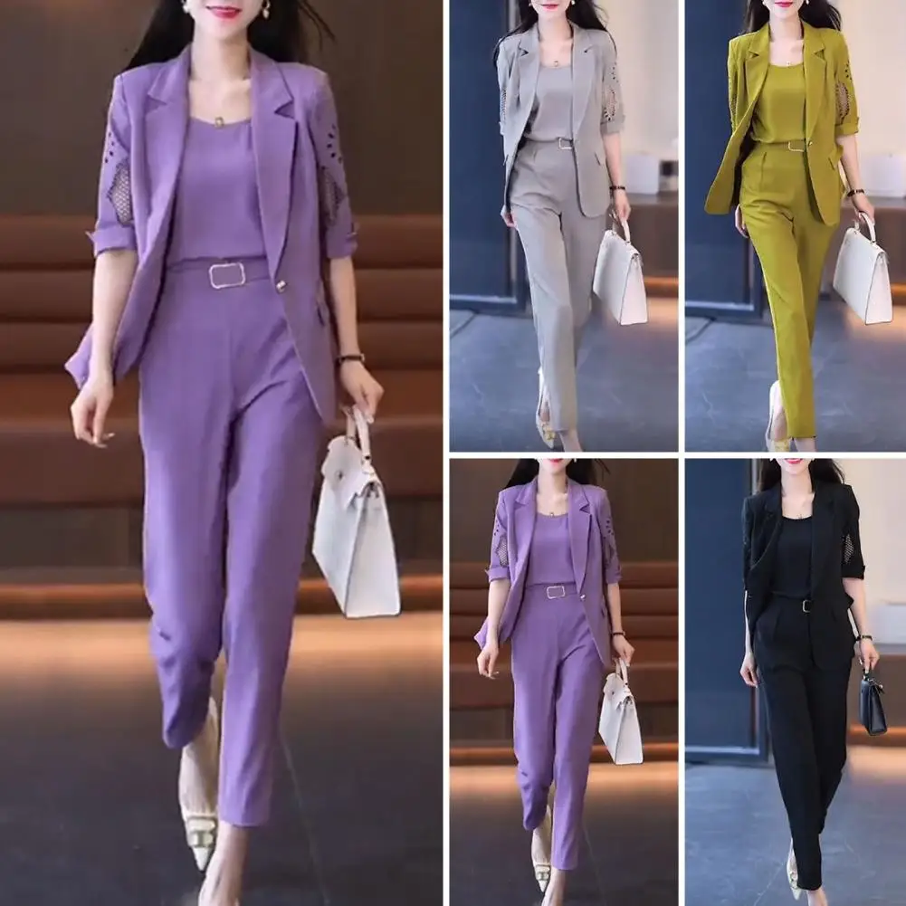 Breathable Suit Fabric Elegant Women's Business Suit Set with V Neck Vest Lapel Coat High Waist Harem Pants Formal for Lady new retro men women belts advanced korean fashion simple trend waistband belt lady pin buckle belt paired with jeans skirt