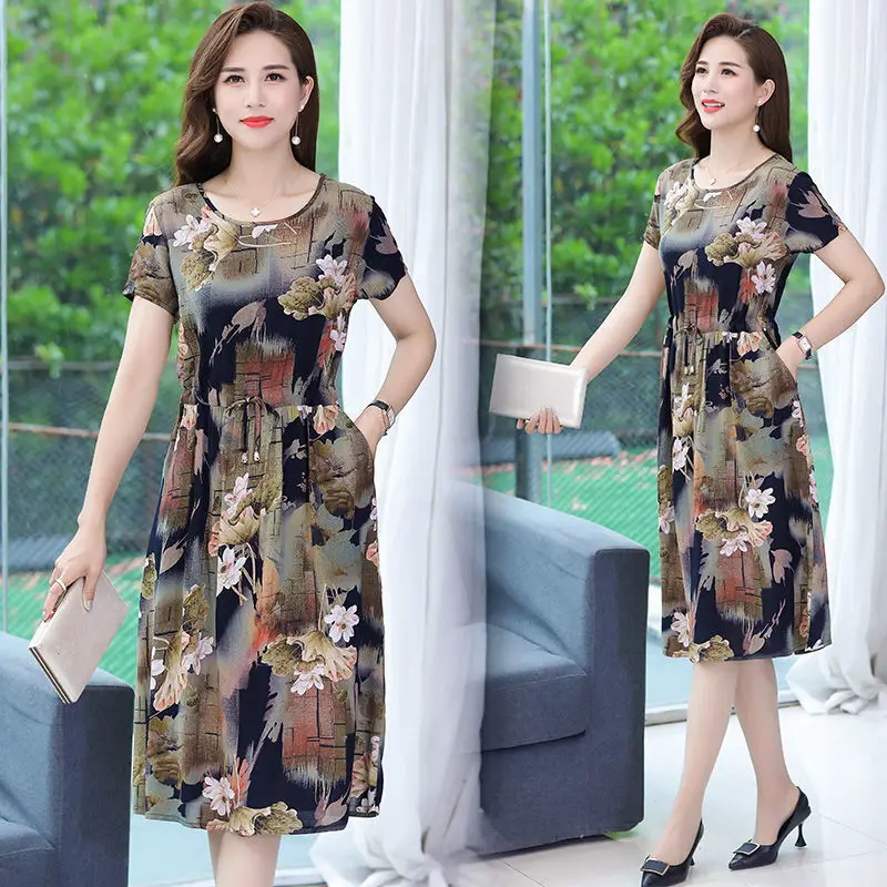

2024 Summer Women Fashion Long Middle-aged Print Dress Female Short Sleeve Loose Dresses Ladies O-neck A-line Vestidos N200