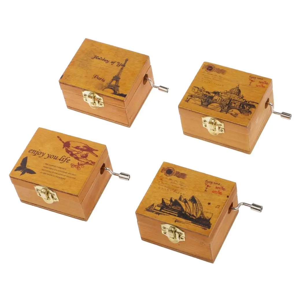 6cm Handcrafted Wooden Music Box Vintage Mechanical Musical Box Crafts Gift, Prints Castle Scenery, Castle in the Sky Tone 6