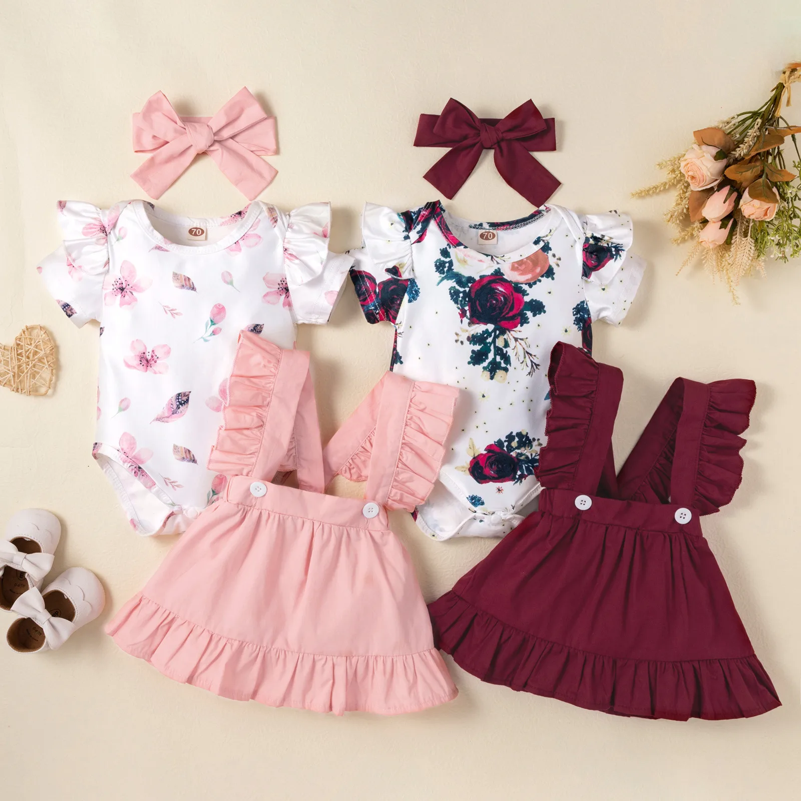 Girls Outfits Infant Baby Girls Sleeveless Ruffles Suspender Tops+Floral Print Shorts Outfits 0-18Months 