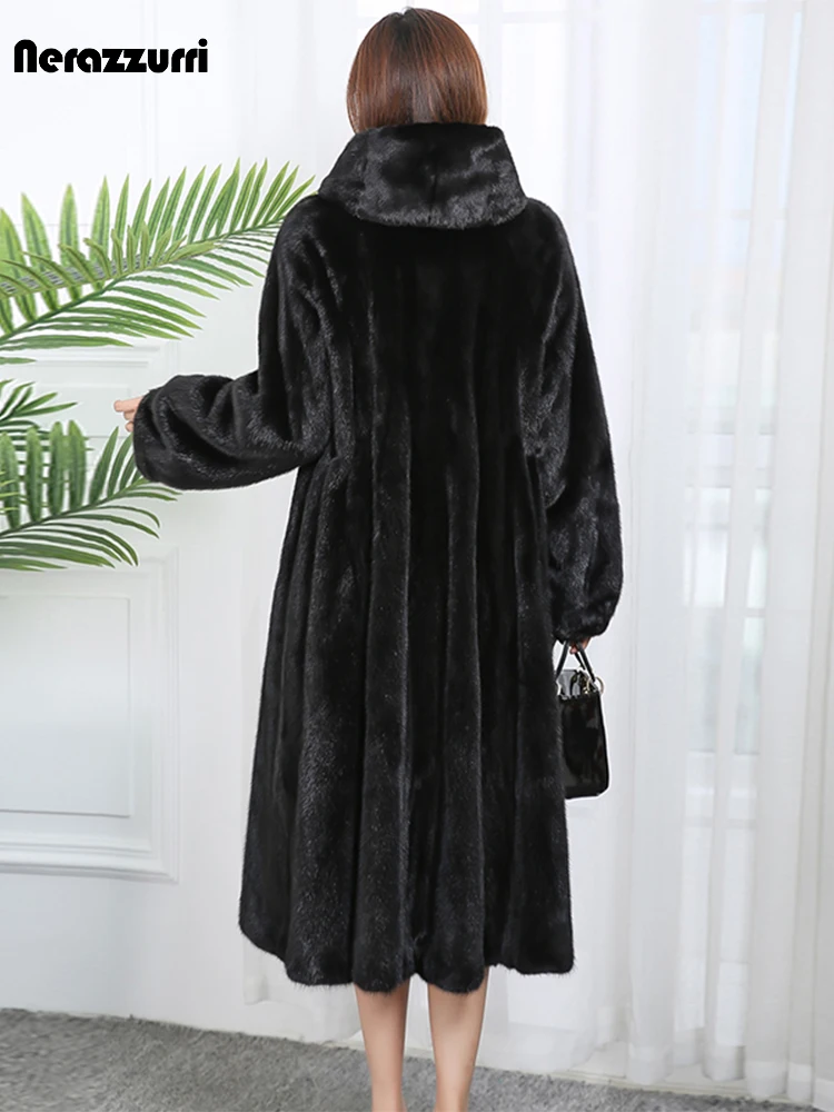 Nerazzurri Winter Black Long Warm Thick Fluffy Faux Fur Coat with Hood Sleeve Elegant Luxury Skirted Fake Mink Overcoat |