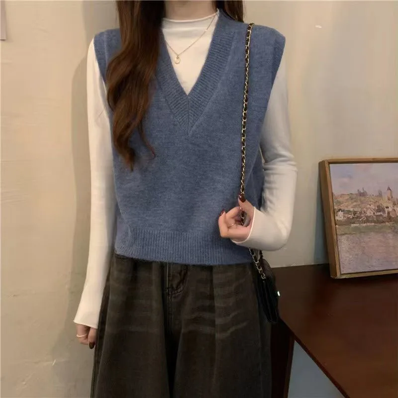 Xpqbb Spring Autumn New V-neck Knitted Vest Women Vintage Sleeveless Sweater Waistcoat Female Korean Chic Cropped Knit Tops 3
