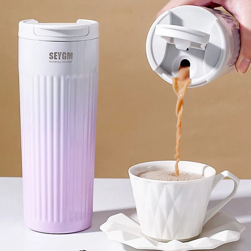 500ml Striped Coffee Cup Thermos Bottle For Girls 304 Stainless Steel Double -layer Coffee Mug Portable Thermal Water Bottle