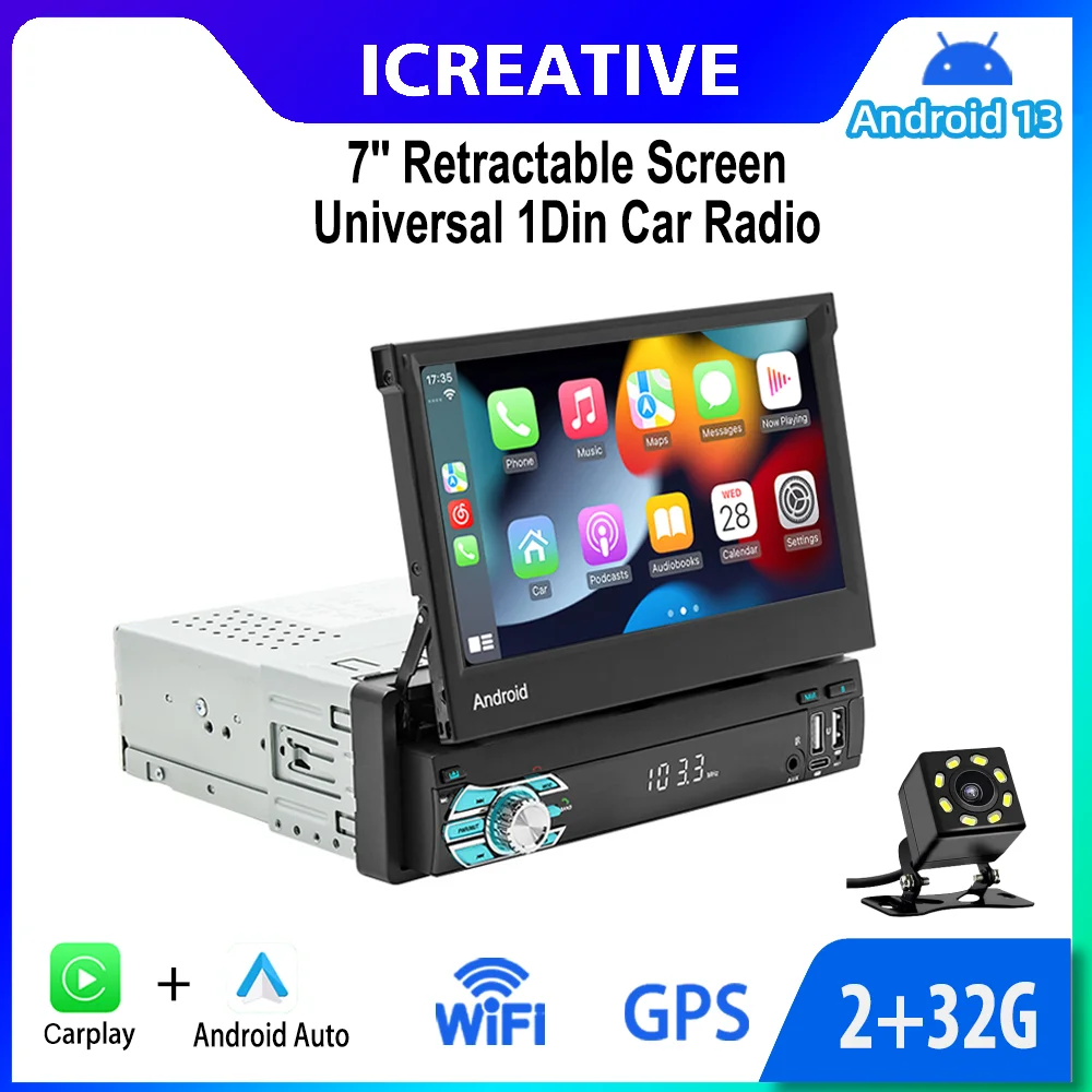 7‘’ Retractable Screen 1Din Car Radio Android 13 Wireless Carplay Multimedia Universal Smart Central Autoradio FM Navigation GPS 1