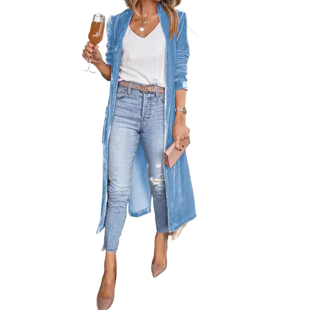 Gold Velvet Long Cardigan Coat for Women