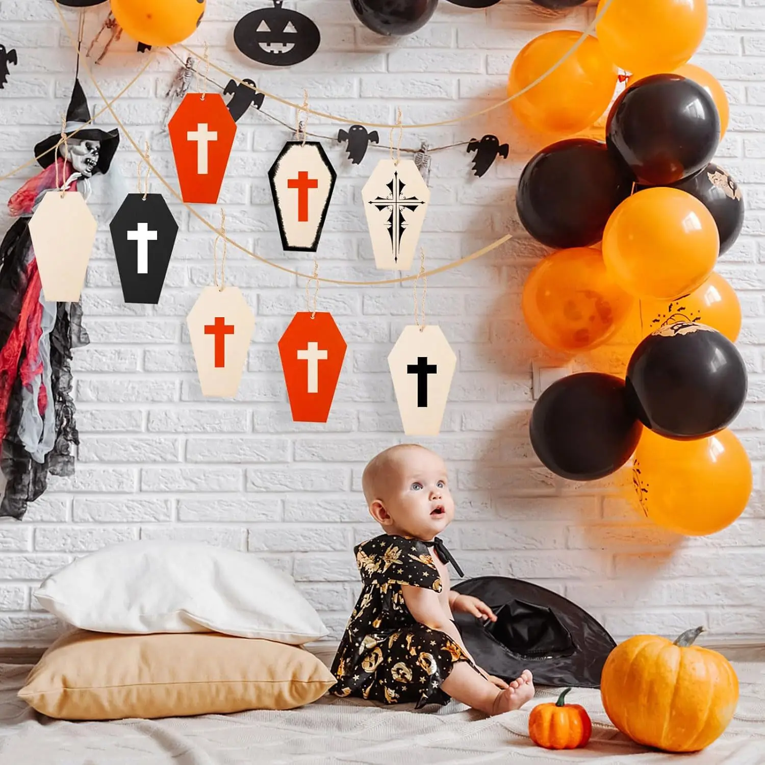 Halloween-Kunsthandwerk für Kinder: DIY-Malset aus Holz – Spinne, Fledermaus und Kürbis-Ornamente für die Party-Dekoration zu Hause, hängende Geschenke – Detail 6
