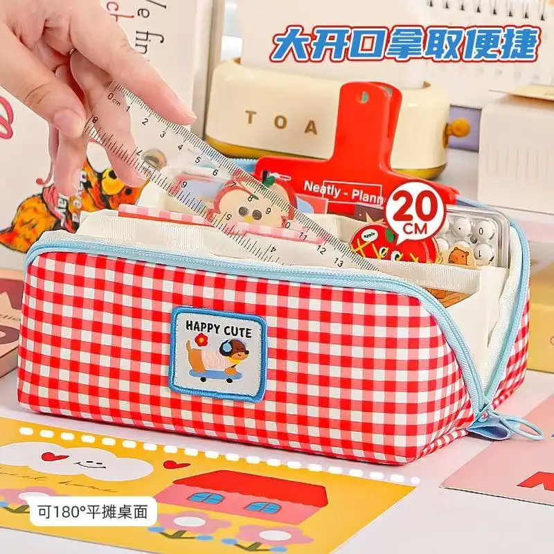 Nuovo astuccio portapenne a quadretti Kawaii, grande capacità, per studenti, da scrivania, per riporre articoli di cancelleria, a più strati, regalo per bambini - immagine 5