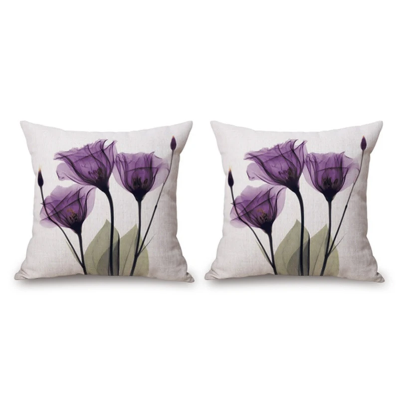 

2X 45X45cm Modern Ink Painting Flower Flax Throw Pillow Case Waist Cushion Cover Purple