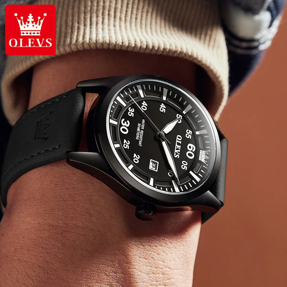 ساعة OLEVS جلد رجالية من الكوارتز مقاومة للماء