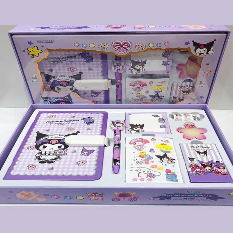 

Подарочная коробка Sanrios с изображением героев мультфильмов аниме, милая Подарочная коробка с изображением персонажа мультфильма Kuromi Melody Cinnamoroll Girl, наклейка в виде сердца, блокнот с паролем, канцелярские подарки