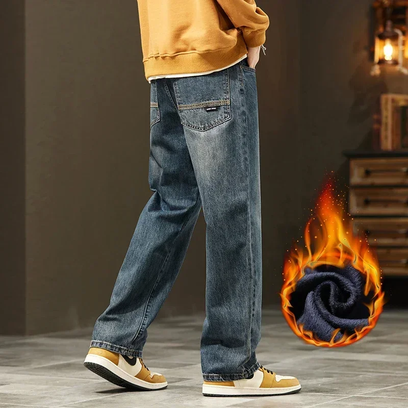 Thick Vintage Jeans Men's Winter Straight Warm Fleece Baggy Thermal Denim Trousers Fashion Korean Wide Male Plush Pants 6