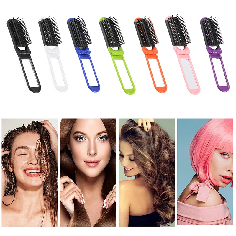 

Дорожная пластиковая расческа для волос, портативная складная щетка для волос с зеркалом, компактный карманный размер, кошелек, Антистатическая Массажная Расческа с подушкой безопасности, подарок