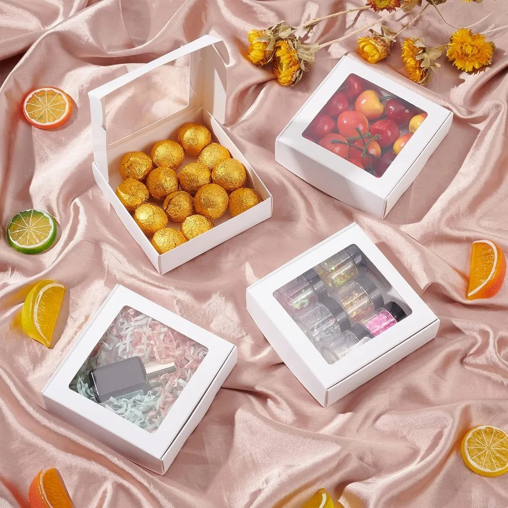 Clear PVC Square Window Gift Boxes White Kraft Paper Present Packing Boxes for Party Favor Treats Cookies Small Gifts or Crafts