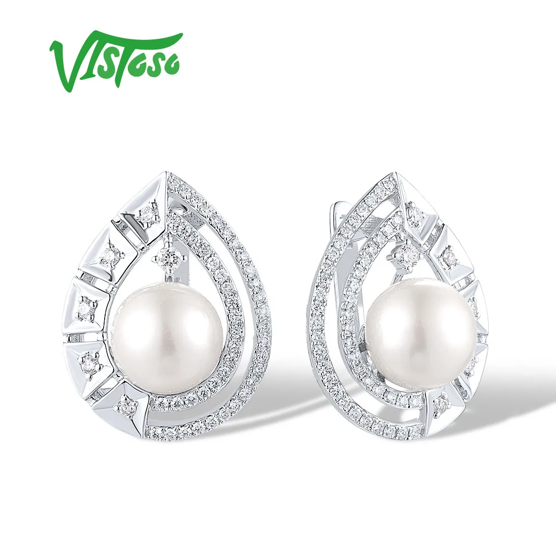 

VISTOSO Pure 14K 585 White Gold Earrings For Women Sparkling Diamond Fresh Water White Pearl Delicate Wedding Gifts Fine Jewelry