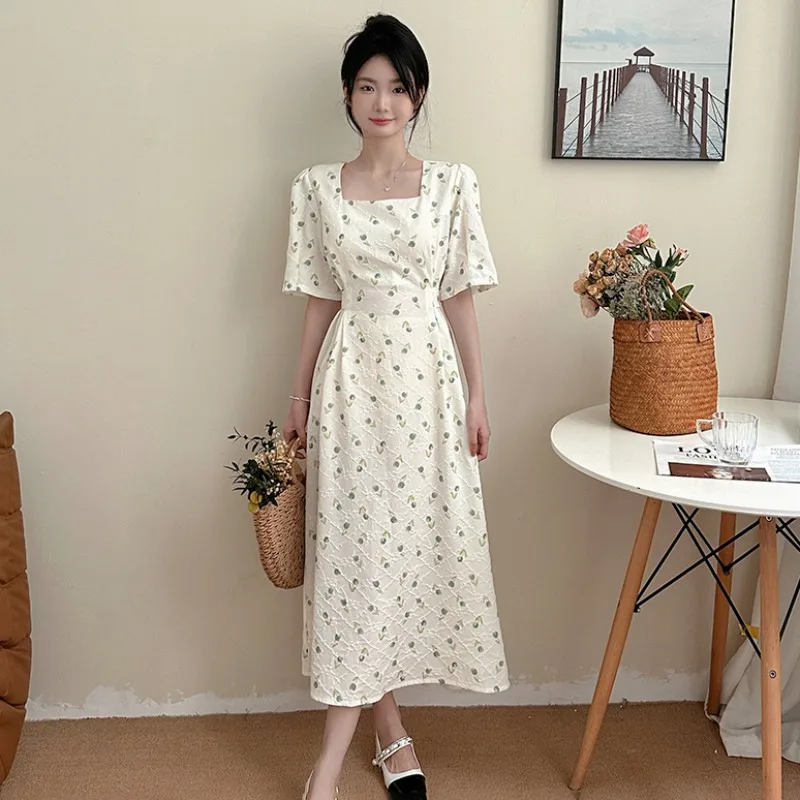 플러스 사이즈 뚱뚱한 소녀 스퀘어 칼라 자카드 드레스 여성 여름 허리 포옹 슬리밍 짧은 소매 미디 드레스 단어 절묘한 스커트 