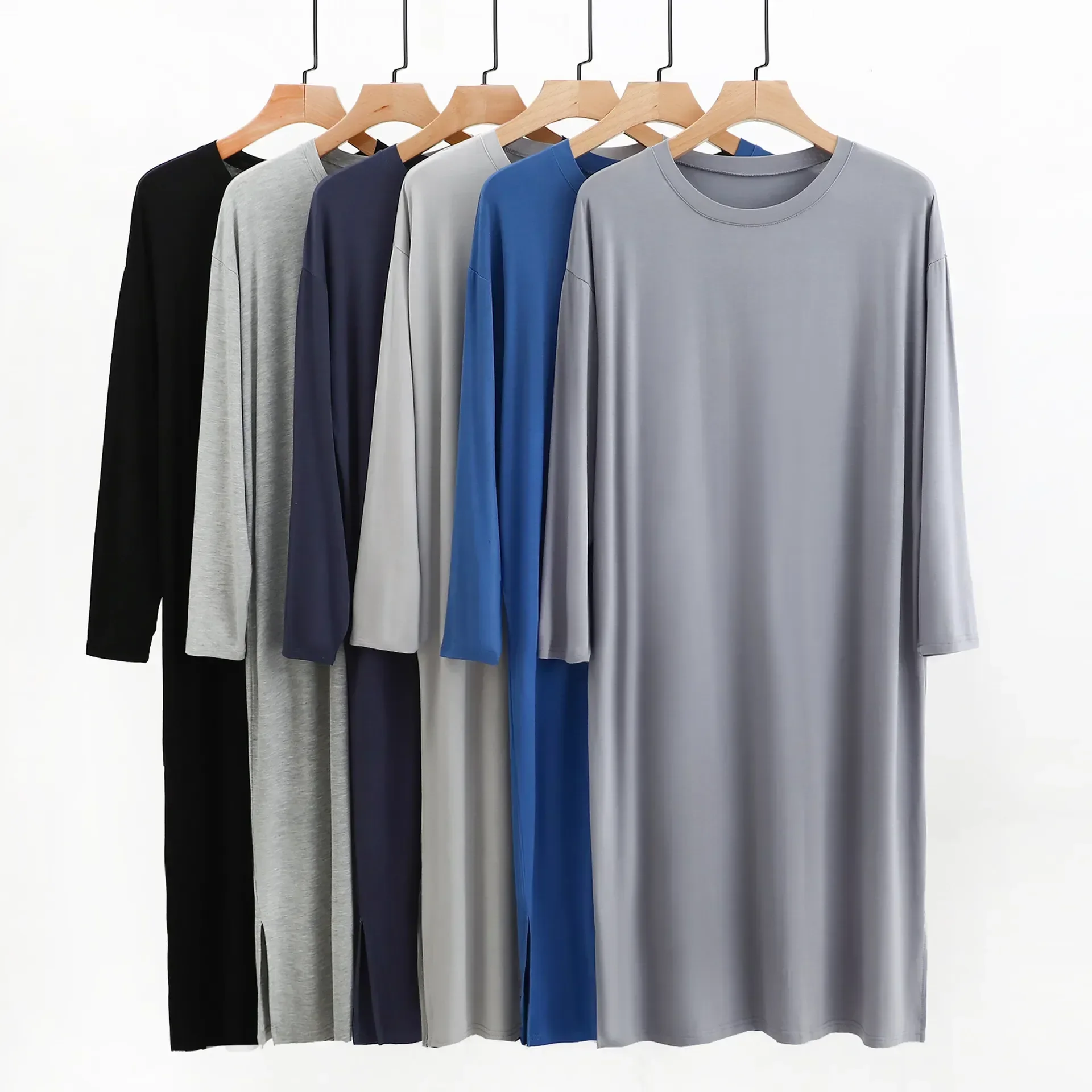 And Length Neck Sleepwear Long Comfortable Sleeve Soft Knee Modal Clothes Nightwear Nightgown Round Men's Dresses Mid-long